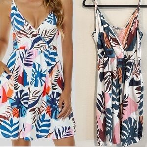 Style World Women Dress Medium White Floral Tropical Cotton Colorful Coastal